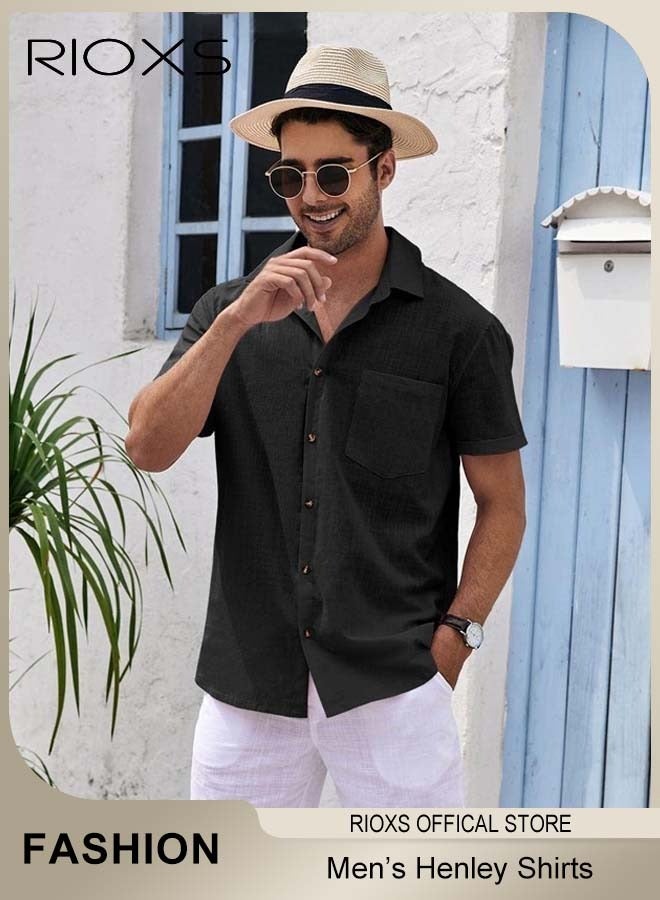 ريوكس قمصان رجالية بأكمام قصيرة وأزرار، قمصان رجالية صيفية فضفاضة برقبة على شكل V، قمصان قابلة للتنفس وسريعة الجفاف بأزرار وجيب، قمصان شاطئية صيفية غير رسمية، قمصان مزخرفة، مناسبة للارتداء اليومي والحفلات والمواعيد والزفاف والمكتب والمنزل والسفر، أسود - Image 3