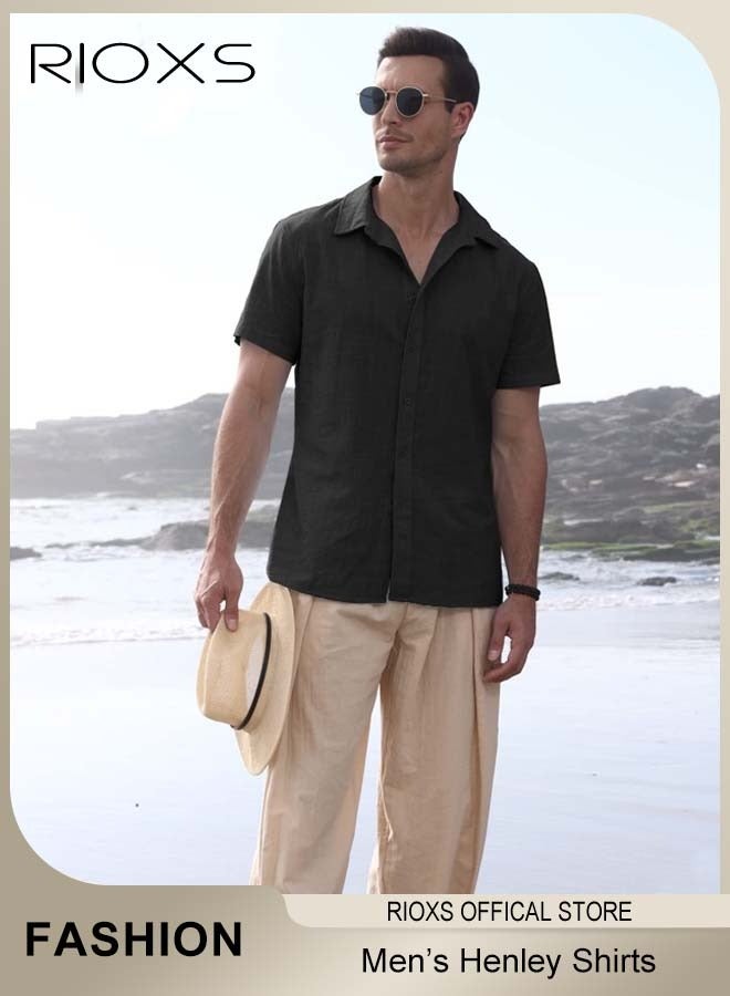 ريوكس قمصان رجالية بأكمام قصيرة وأزرار، قمصان رجالية صيفية فضفاضة برقبة على شكل V، قمصان قابلة للتنفس وسريعة الجفاف بأزرار وجيب، قمصان شاطئية صيفية غير رسمية، قمصان مزخرفة، مناسبة للارتداء اليومي والحفلات والمواعيد والزفاف والمكتب والمنزل والسفر، أسود - Image 4