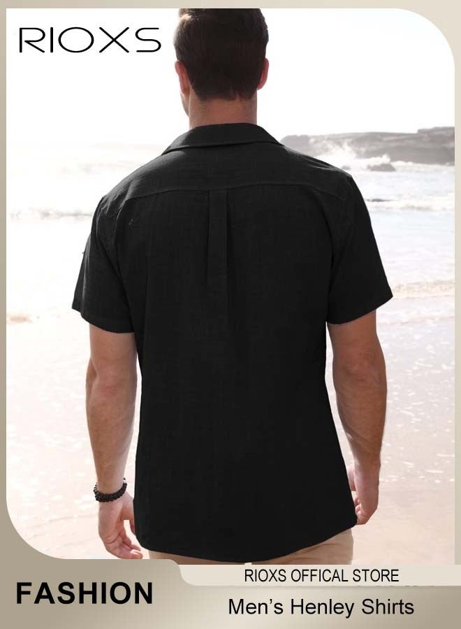 ريوكس قمصان رجالية بأكمام قصيرة وأزرار، قمصان رجالية صيفية فضفاضة برقبة على شكل V، قمصان قابلة للتنفس وسريعة الجفاف بأزرار وجيب، قمصان شاطئية صيفية غير رسمية، قمصان مزخرفة، مناسبة للارتداء اليومي والحفلات والمواعيد والزفاف والمكتب والمنزل والسفر، أسود - Image 2