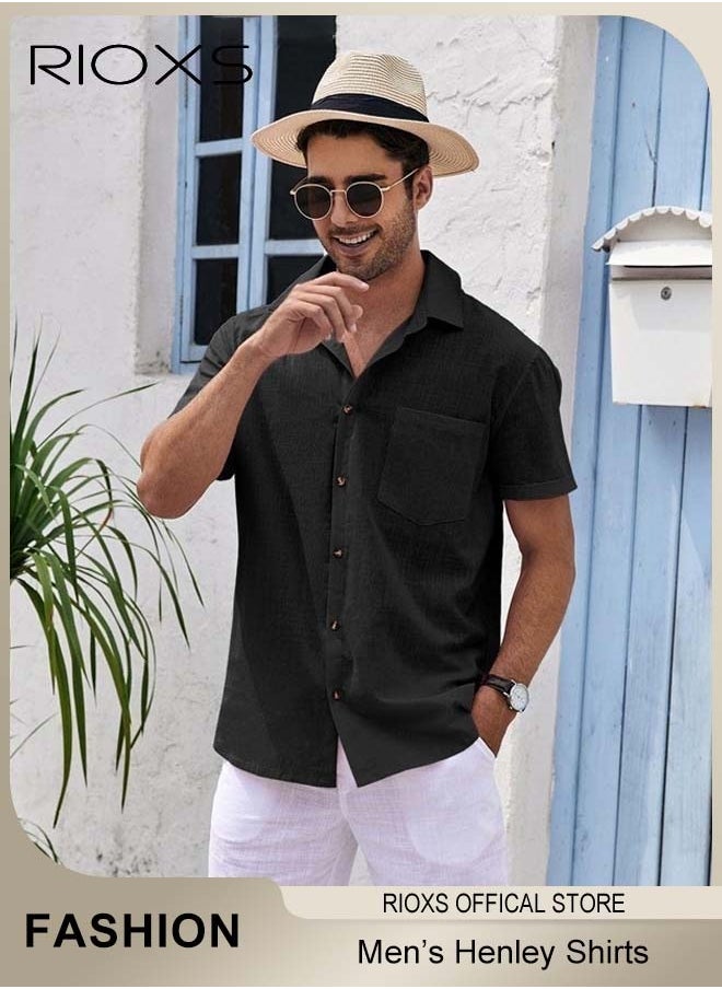 RIOXS - Men's Shirts, Short Sleeve V-Neck Henley Shirts, Mens Loose Linen Button-Up Tops, Summer Casual Beach Shirts For Men, Textured Shirts With Pocket, For Daily, Party, Date, Wedding, Office, Home And Travel Wear - Image 1