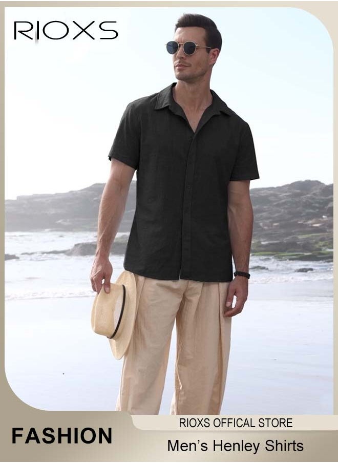 RIOXS - Men's Shirts, Short Sleeve V-Neck Henley Shirts, Mens Loose Linen Button-Up Tops, Summer Casual Beach Shirts For Men, Textured Shirts With Pocket, For Daily, Party, Date, Wedding, Office, Home And Travel Wear - Image 1