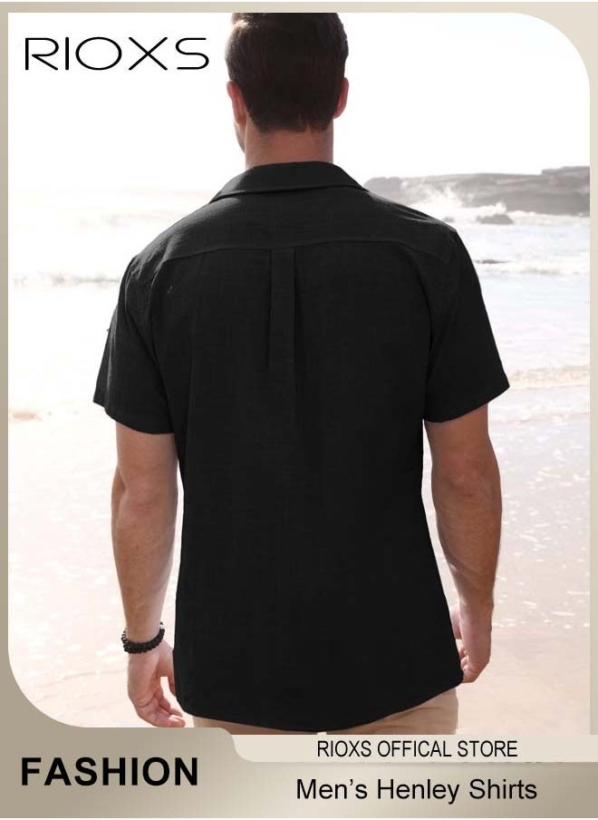 RIOXS - Men's Shirts, Short Sleeve V-Neck Henley Shirts, Mens Loose Linen Button-Up Tops, Summer Casual Beach Shirts For Men, Textured Shirts With Pocket, For Daily, Party, Date, Wedding, Office, Home And Travel Wear - Image 1