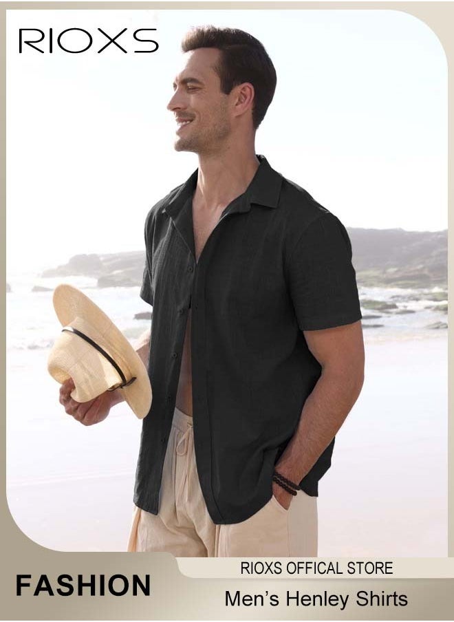 RIOXS - Men's Shirts, Short Sleeve V-Neck Henley Shirts, Mens Loose Linen Button-Up Tops, Summer Casual Beach Shirts For Men, Textured Shirts With Pocket, For Daily, Party, Date, Wedding, Office, Home And Travel Wear - Image 1