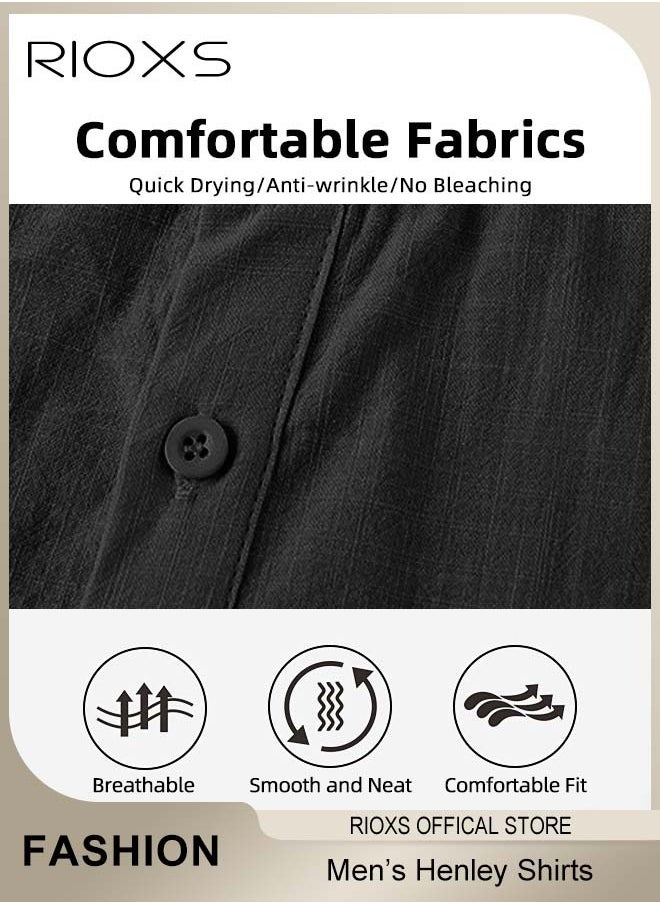 RIOXS - Men's Shirts, Short Sleeve V-Neck Henley Shirts, Mens Loose Linen Button-Up Tops, Summer Casual Beach Shirts For Men, Textured Shirts With Pocket, For Daily, Party, Date, Wedding, Office, Home And Travel Wear - Image 1