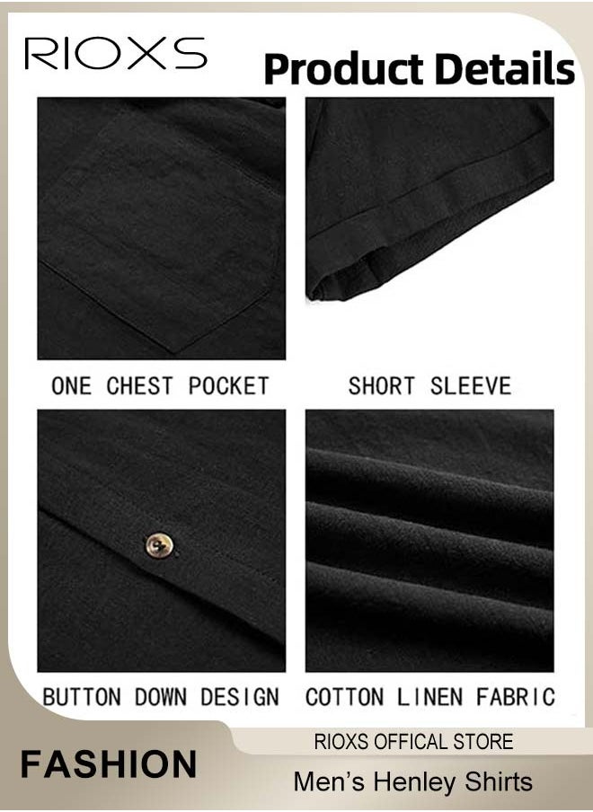 RIOXS - Men's Shirts, Short Sleeve V-Neck Henley Shirts, Mens Loose Linen Button-Up Tops, Summer Casual Beach Shirts For Men, Textured Shirts With Pocket, For Daily, Party, Date, Wedding, Office, Home And Travel Wear - Image 1