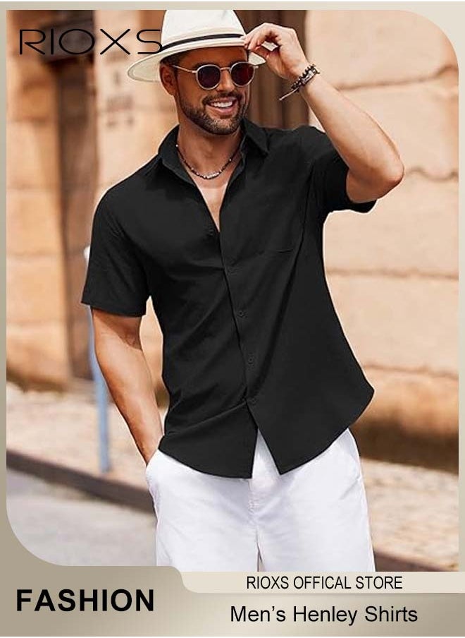 RIOXS - Men's Shirts, Short Sleeve V-Neck Henley Shirts, Mens Loose Linen Button-Up Tops, Summer Casual Beach Shirts For Men, Textured Shirts With Pocket, For Daily, Party, Date, Wedding, Office, Home And Travel Wear - Image 1