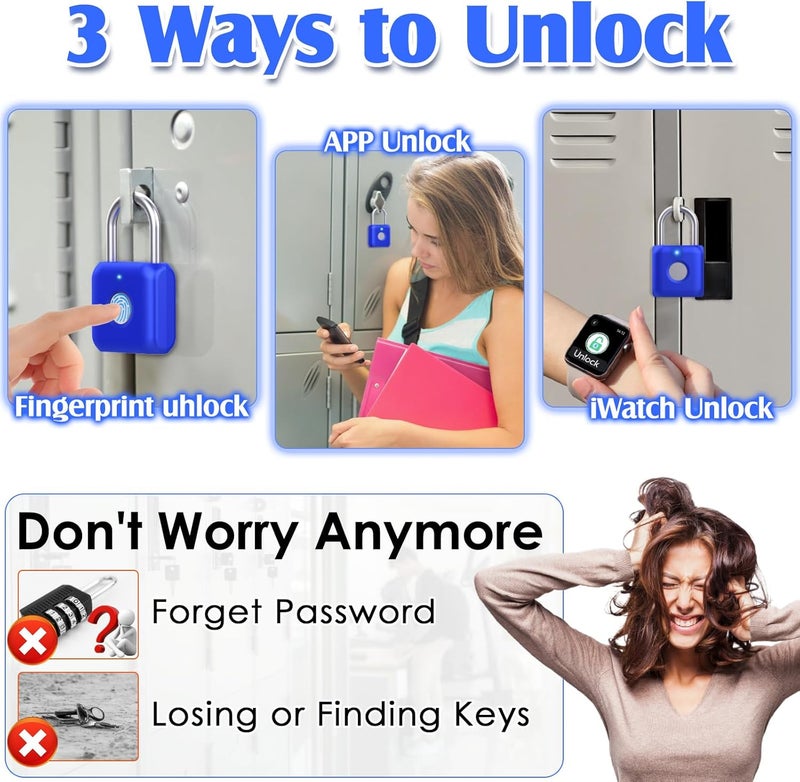 Pothunder Fingerprint Padlock, Smart Padlock, Locker Lock, Fingerprint Lock with APP Unlock, USB Rechargeable, Suitable for Gym Locker, Locker(Sapphire Blue) - Image 2