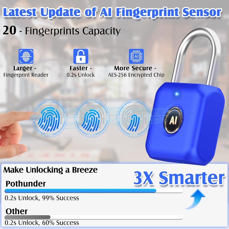 Pothunder Fingerprint Padlock, Smart Padlock, Locker Lock, Fingerprint Lock with APP Unlock, USB Rechargeable, Suitable for Gym Locker, Locker(Sapphire Blue) - Image 3