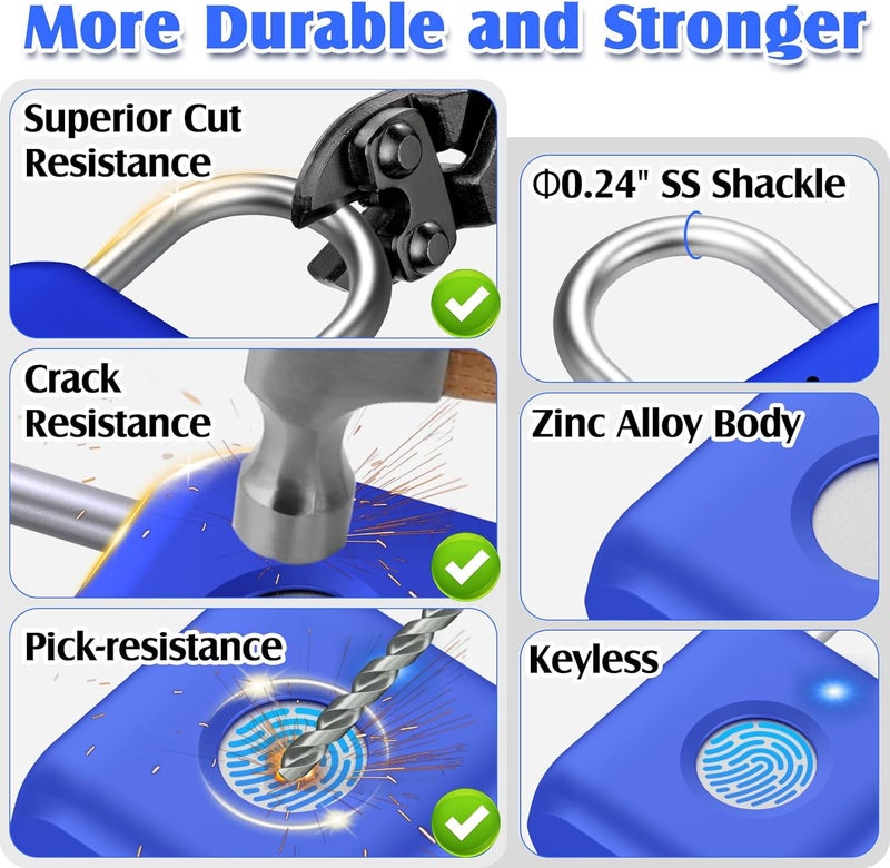 Pothunder Fingerprint Padlock, Smart Padlock, Locker Lock, Fingerprint Lock with APP Unlock, USB Rechargeable, Suitable for Gym Locker, Locker(Sapphire Blue) - Image 4