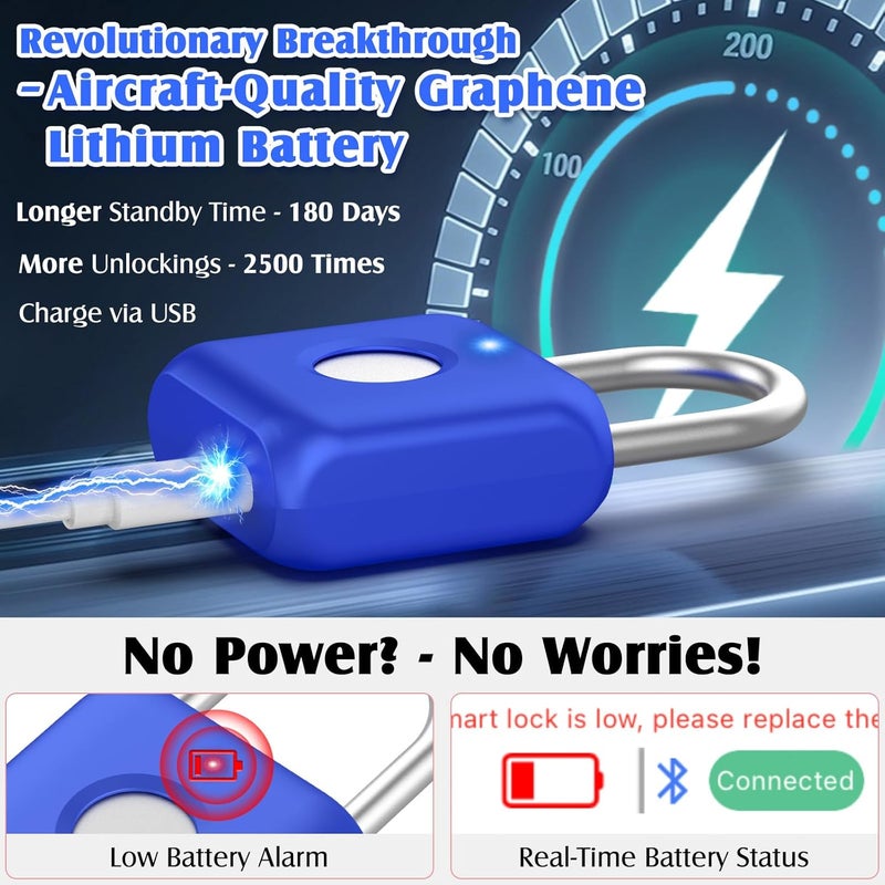 Pothunder Fingerprint Padlock, Smart Padlock, Locker Lock, Fingerprint Lock with APP Unlock, USB Rechargeable, Suitable for Gym Locker, Locker(Sapphire Blue) - Image 5