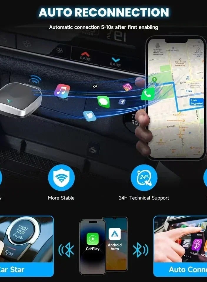 صندوق Carplay AI اللاسلكي الجديد 2 في 1 لعام 2025، التوصيل والتشغيل التلقائي، قابل للتطبيق لتحويل Carplay السلكي الأصلي للسيارة إلى لاسلكي - Image 4