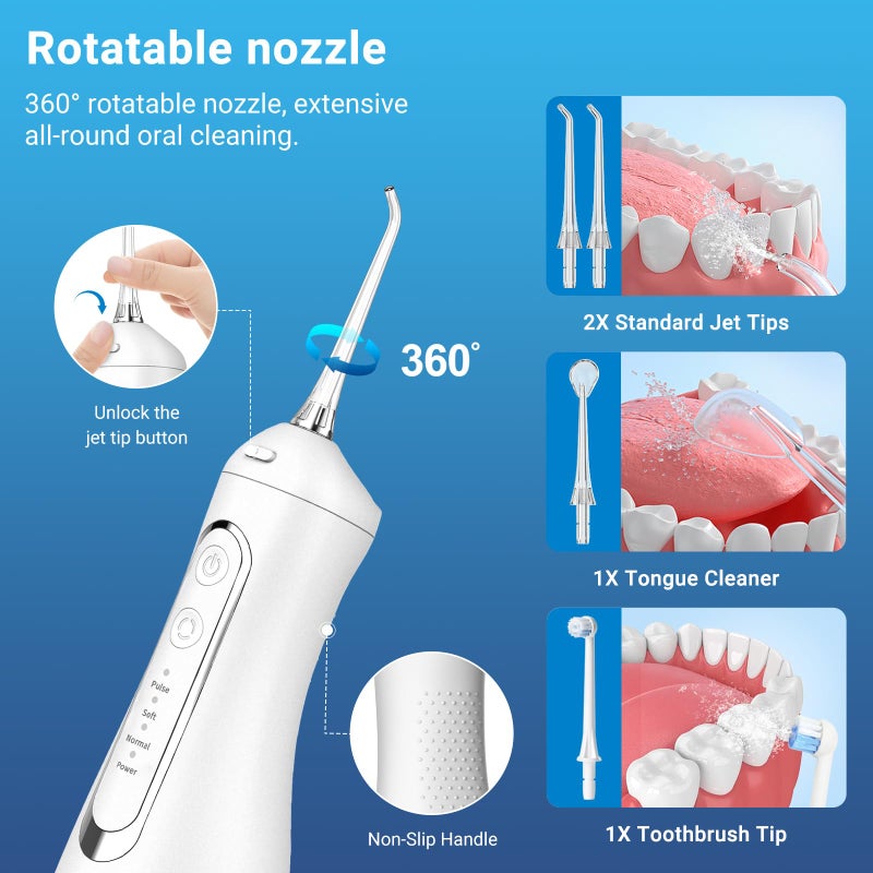 JNGOODS Cordless Water Dental Flosser Oral irrigator,JNGOODS 300ml Rechargeable Water flosser for Teeth IPX7 Waterproof 4 Modes Portable Oral Irrigator with 4 Jet Tips, Travel Home use (White) - Image 4