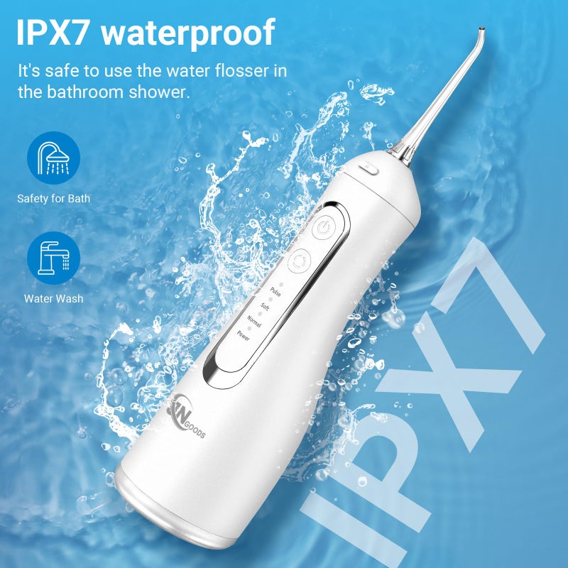JNGOODS Cordless Water Dental Flosser Oral irrigator,JNGOODS 300ml Rechargeable Water flosser for Teeth IPX7 Waterproof 4 Modes Portable Oral Irrigator with 4 Jet Tips, Travel Home use (White) - Image 5