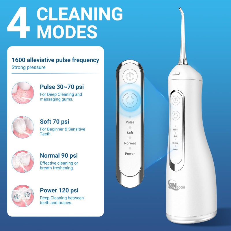 JNGOODS Cordless Water Dental Flosser Oral irrigator,JNGOODS 300ml Rechargeable Water flosser for Teeth IPX7 Waterproof 4 Modes Portable Oral Irrigator with 4 Jet Tips, Travel Home use (White) - Image 2