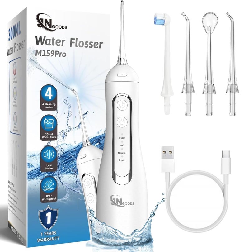 JNGOODS Cordless Water Dental Flosser Oral irrigator,JNGOODS 300ml Rechargeable Water flosser for Teeth IPX7 Waterproof 4 Modes Portable Oral Irrigator with 4 Jet Tips, Travel Home use (White) - Image 1