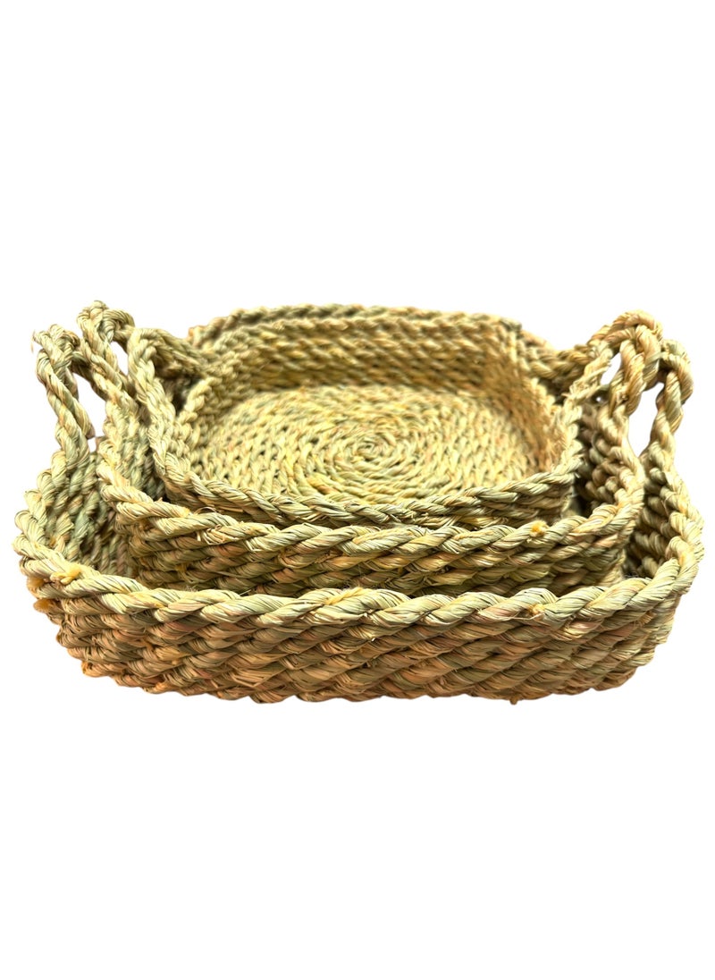Generic Set of 3 Handmade Woven Seagrass Squared-Shape Baskets with Handles for Storage/Organizing Kitchen or Bathroom Items or Adding a Stylish Touch to Your Home Décor  - Image 1