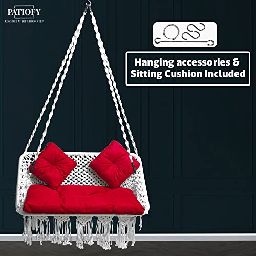 Patiofy Premium Large Double Seater Swing for Adults for Home/Zula for Home Adults Balcony/Jhula Hammock Hanging Swing Chair/Includes Hanging Kit, 2 Small Red Cushion & 1 Sitting Cushion-White - Image 2