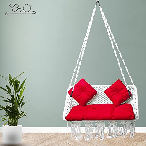 Patiofy Premium Large Double Seater Swing for Adults for Home/Zula for Home Adults Balcony/Jhula Hammock Hanging Swing Chair/Includes Hanging Kit, 2 Small Red Cushion & 1 Sitting Cushion-White - Image 1