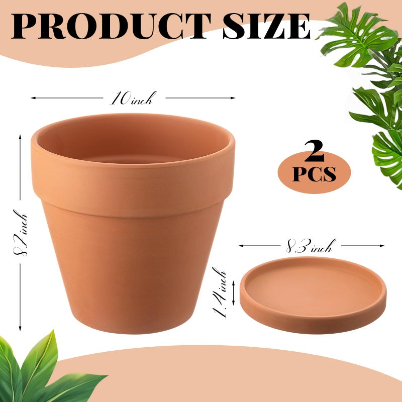 Maxdot 2 Pack Large 10 Inch Terracotta Pots with Saucer - Terracotta Plant Pot Ceramic Clay Pot for Plants with Drainage Hole, Large Terra Cotta Flower Planter with Tray for Indoor Outdoor Plants - Image 2