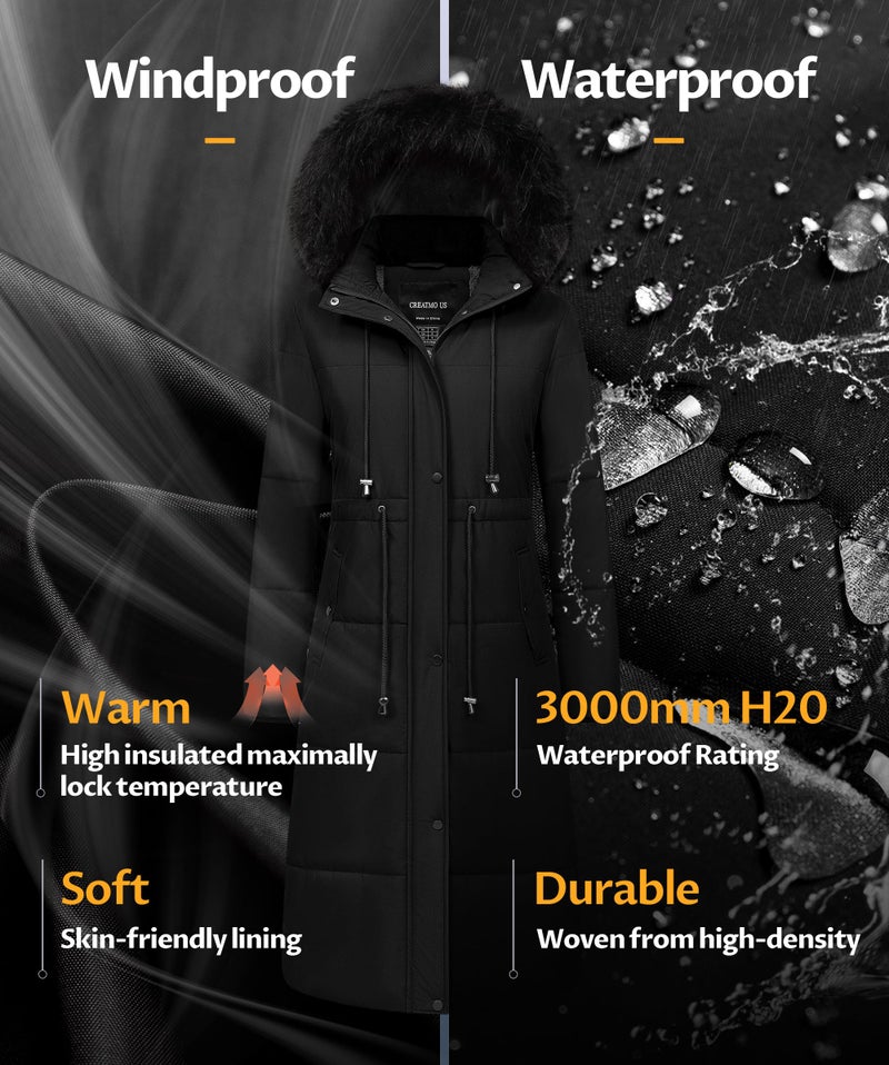 CREATMO US Womens Winter Coats Women's Waterproof Warm Thicken Knee Length Puffer Jackets Ladies Zip Up Fashion Snow Parka Black L - Image 2