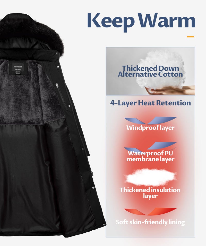 CREATMO US Womens Winter Coats Women's Waterproof Warm Thicken Knee Length Puffer Jackets Ladies Zip Up Fashion Snow Parka Black L - Image 1