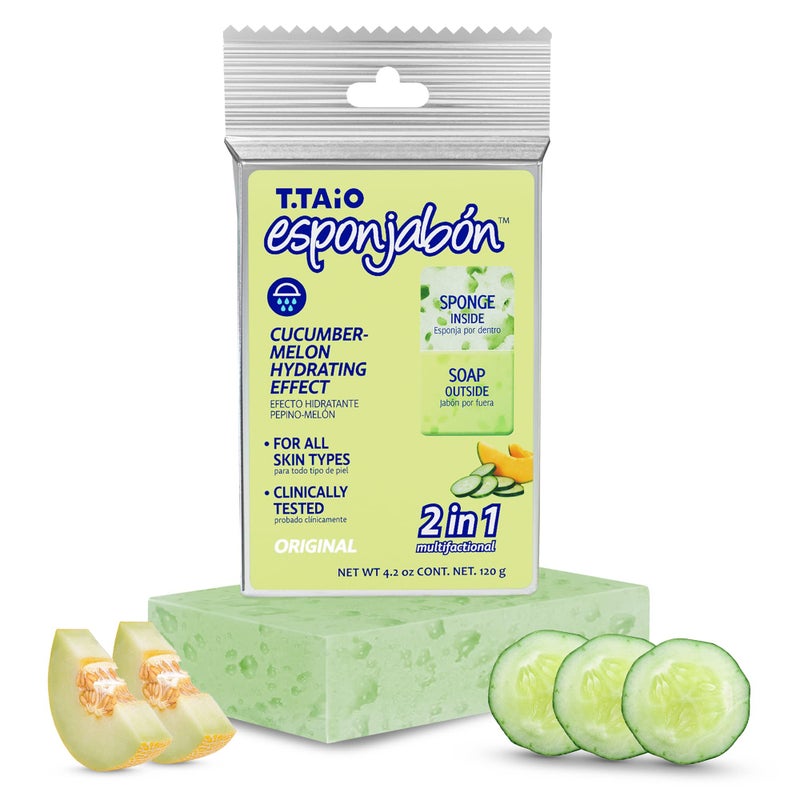 T. Taio T.Taio Esponjabon Soap Sponge - Cleansing Shower Scrubber - Cleaning Bath Wash Scrub - Oil Removal - Massage & Lather Foot, Elbow, & Face - Bathroom Accessories - Cucumber & Melon Soap - Image 1