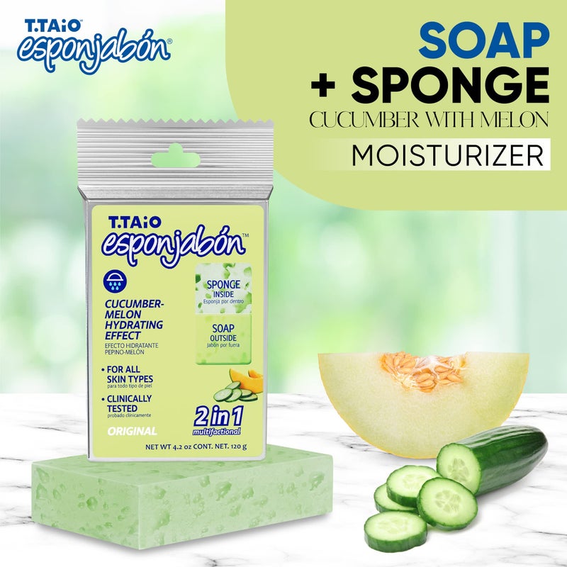T. Taio T.Taio Esponjabon Soap Sponge - Cleansing Shower Scrubber - Cleaning Bath Wash Scrub - Oil Removal - Massage & Lather Foot, Elbow, & Face - Bathroom Accessories - Cucumber & Melon Soap - Image 4