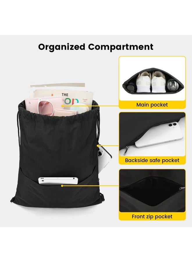 Vorspack Drawstring Backpack Water Resistant String Bag Sports Sackpack Gym Sack with Side Pocket for Men Women - Black - Image 3