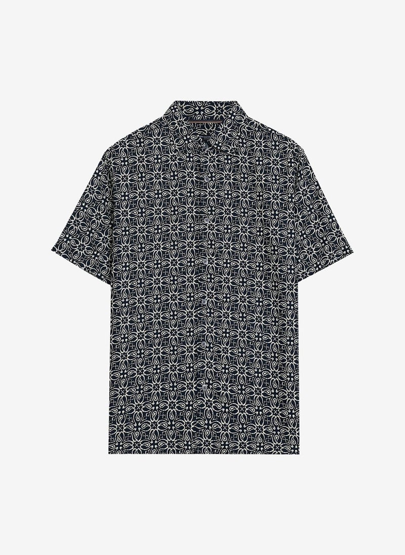 French Connection Men's Navy/Cream White Ss Print Shirt - Image 3