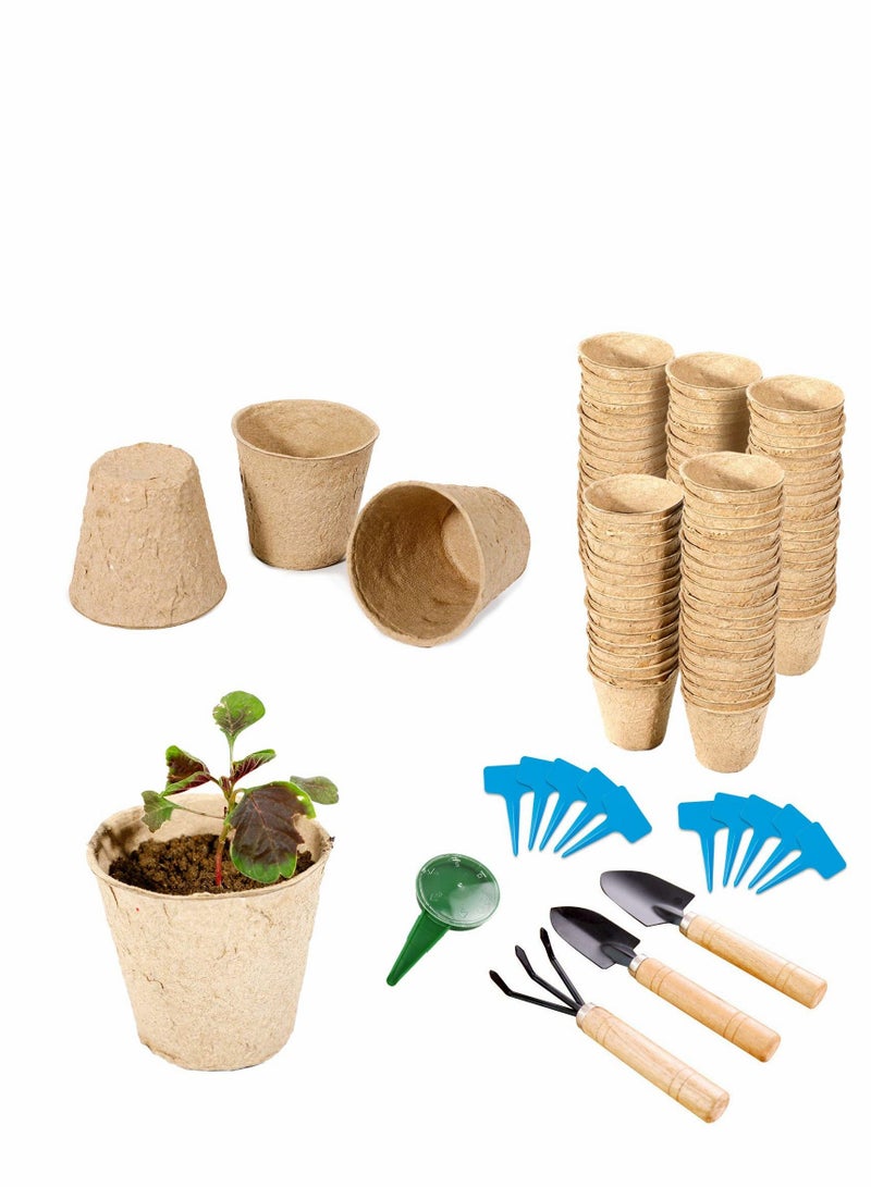 SYOSI Peat Pots for Seedling 100 pcs, Round Biodegradable Seed Starter Plants Nursery Seedlings Garden Bonus 100 Labels 3 Planting Tools & 1 Dispenser ( 204 ) - Image 1