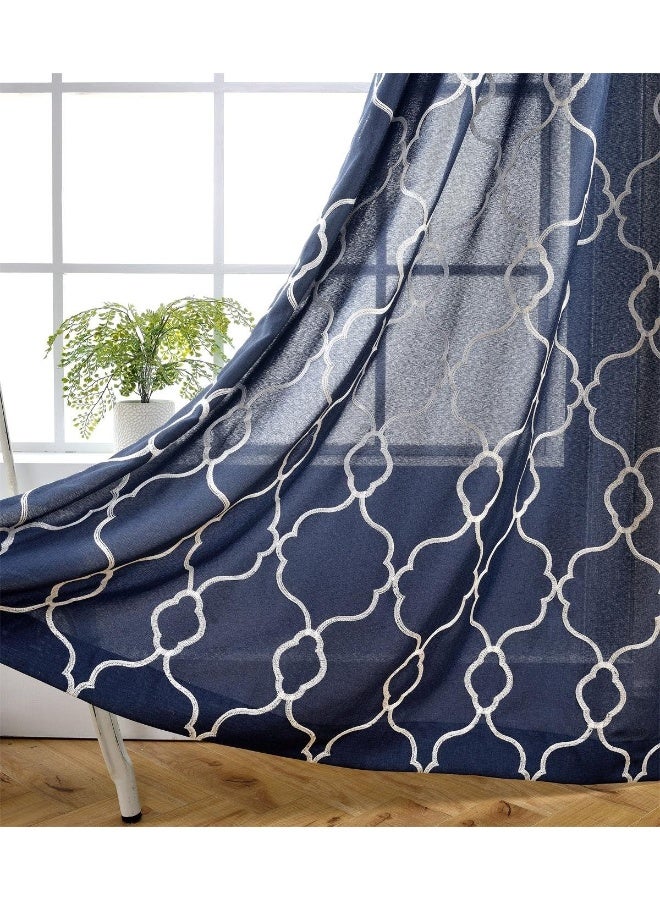 MIUCO Moroccan Embroidered SemiSheer Curtains Faux Linen Grommet Window Panels for Doors 52 x 95 Inch 2 Panels Navy Blue - Image 4