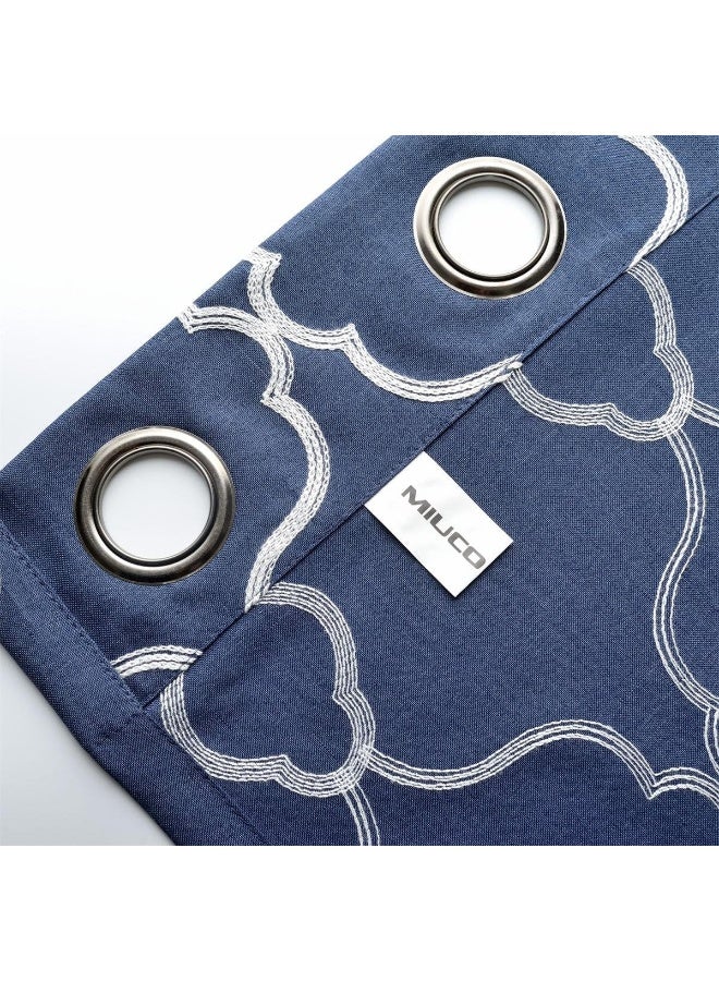 MIUCO Moroccan Embroidered SemiSheer Curtains Faux Linen Grommet Window Panels for Doors 52 x 95 Inch 2 Panels Navy Blue - Image 3
