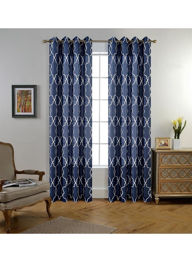 MIUCO Moroccan Embroidered SemiSheer Curtains Faux Linen Grommet Window Panels for Doors 52 x 95 Inch 2 Panels Navy Blue - Image 5