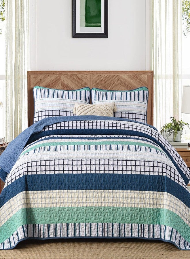 DJY Striped Queen Size Quilt Set, Navy Blue Green Boho Bedspread Coverlet Set with 2 Pillowcases, 3 Pieces Soft Lightweight Microfiber Patchwork Quilt Bedding Set for All Season (96"x90") - Image 1