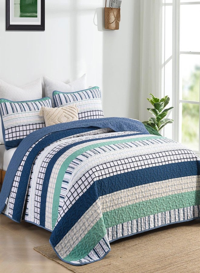 DJY Striped Queen Size Quilt Set, Navy Blue Green Boho Bedspread Coverlet Set with 2 Pillowcases, 3 Pieces Soft Lightweight Microfiber Patchwork Quilt Bedding Set for All Season (96"x90") - Image 2
