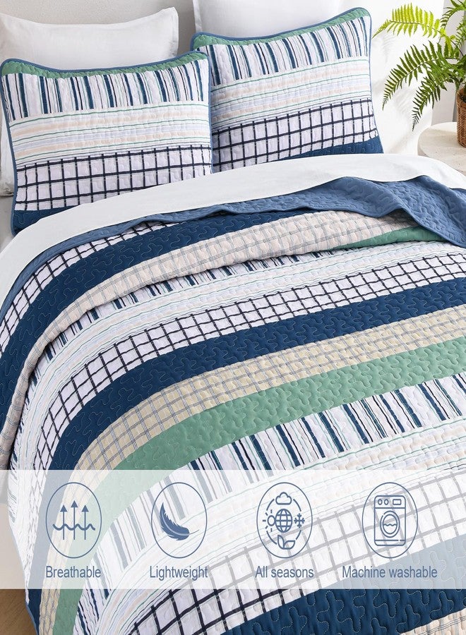 DJY Striped Queen Size Quilt Set, Navy Blue Green Boho Bedspread Coverlet Set with 2 Pillowcases, 3 Pieces Soft Lightweight Microfiber Patchwork Quilt Bedding Set for All Season (96"x90") - Image 5