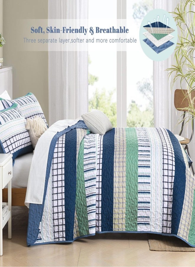 DJY Striped Queen Size Quilt Set, Navy Blue Green Boho Bedspread Coverlet Set with 2 Pillowcases, 3 Pieces Soft Lightweight Microfiber Patchwork Quilt Bedding Set for All Season (96"x90") - Image 4