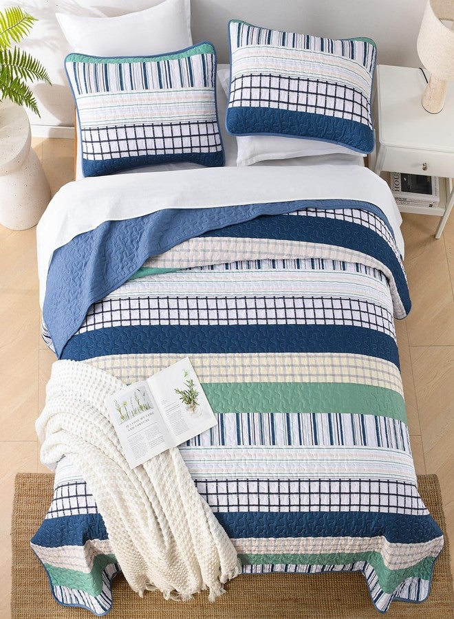 DJY Striped Queen Size Quilt Set, Navy Blue Green Boho Bedspread Coverlet Set with 2 Pillowcases, 3 Pieces Soft Lightweight Microfiber Patchwork Quilt Bedding Set for All Season (96"x90") - Image 3