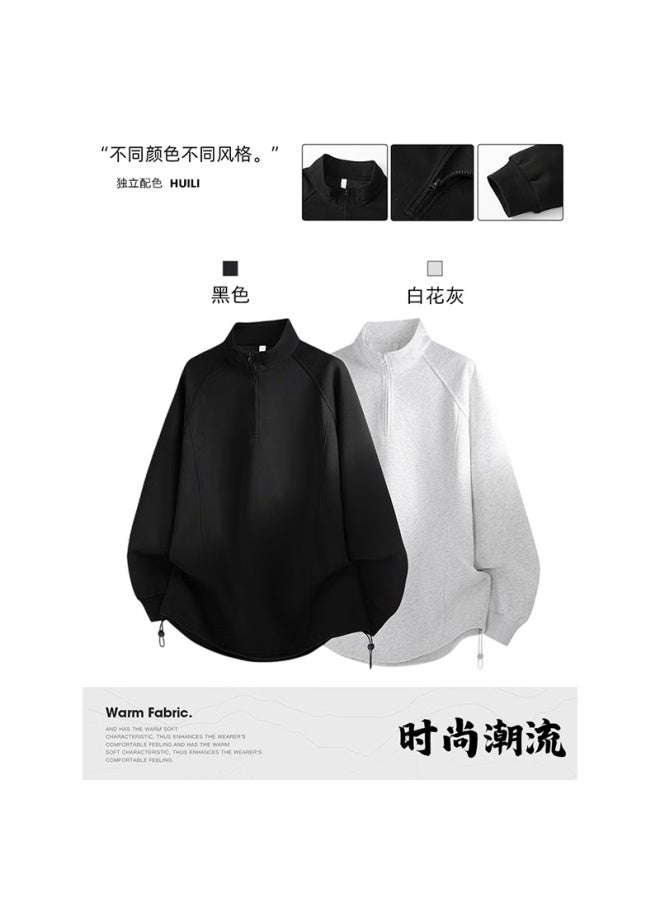 Dingfengbaoluo American Style Half-zip Hoodie Men Autumn Loose Casual Stand Collar Long Sleeve Top Xmy67 Black 2XL