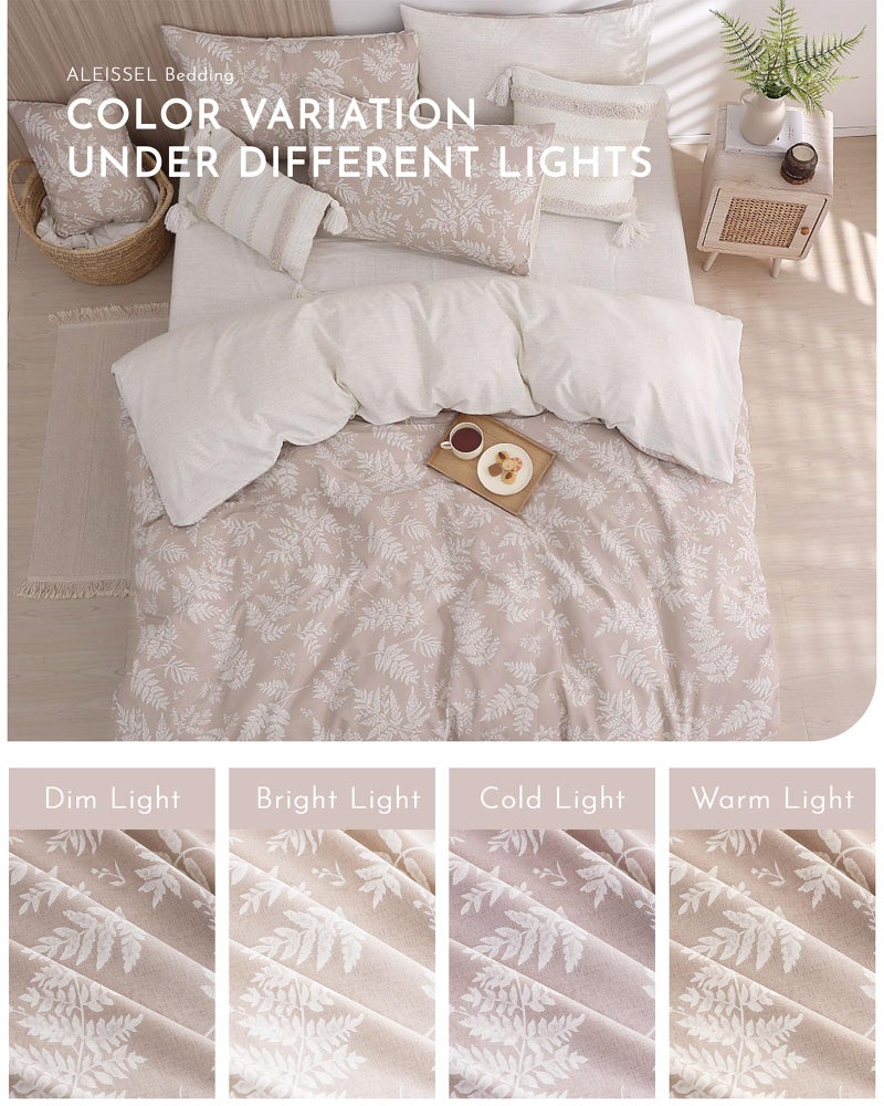 ALEISSEL Natural Cotton 3pcs Botanical Comforter Sets Queen Size-Dusty Pink Comforter with Luxurious White Leaves & Branches, Reversible Lightweight Beige Bedding Sets(Full/Queen) - Image 5
