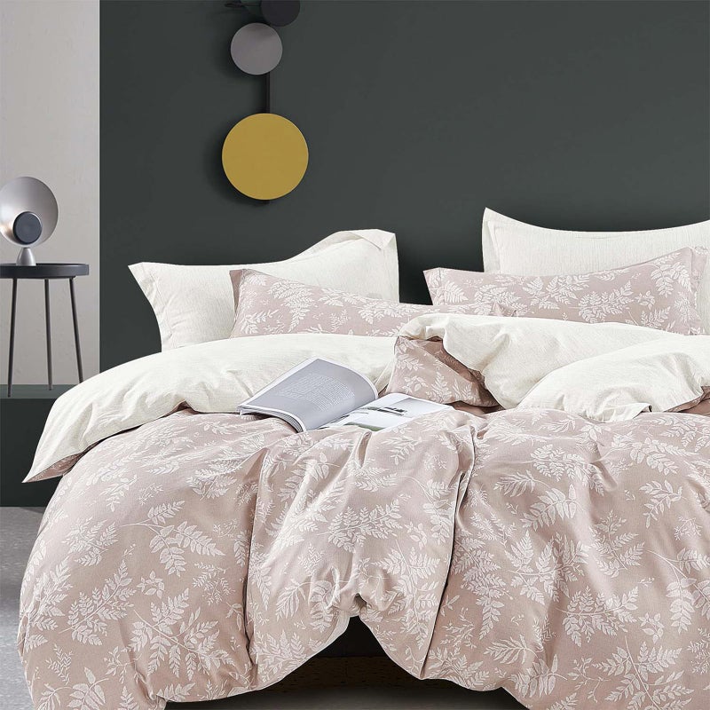 ALEISSEL Natural Cotton 3pcs Botanical Comforter Sets Queen Size-Dusty Pink Comforter with Luxurious White Leaves & Branches, Reversible Lightweight Beige Bedding Sets(Full/Queen) - Image 1