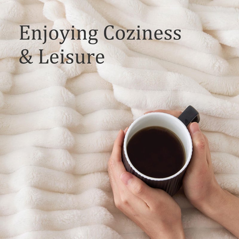 BEDELITE Full Size Throw Blanket for Bed - 300GSM Soft & Warm Fluffy Cream Blanket  Decorative and Giftable Striped Blankets for Women  Men  84""x90"" - Image 5