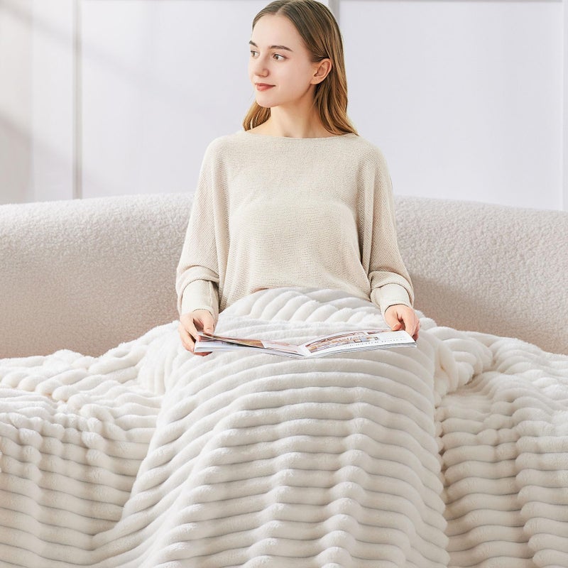 BEDELITE Full Size Throw Blanket for Bed - 300GSM Soft & Warm Fluffy Cream Blanket  Decorative and Giftable Striped Blankets for Women  Men  84""x90"" - Image 3