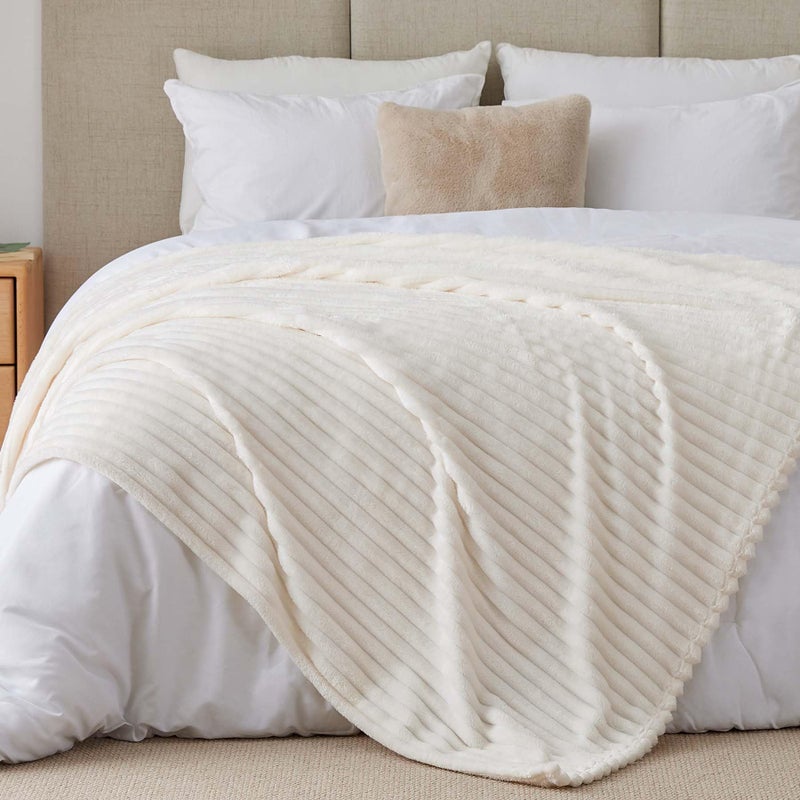 BEDELITE Full Size Throw Blanket for Bed - 300GSM Soft & Warm Fluffy Cream Blanket  Decorative and Giftable Striped Blankets for Women  Men  84""x90"" - Image 2