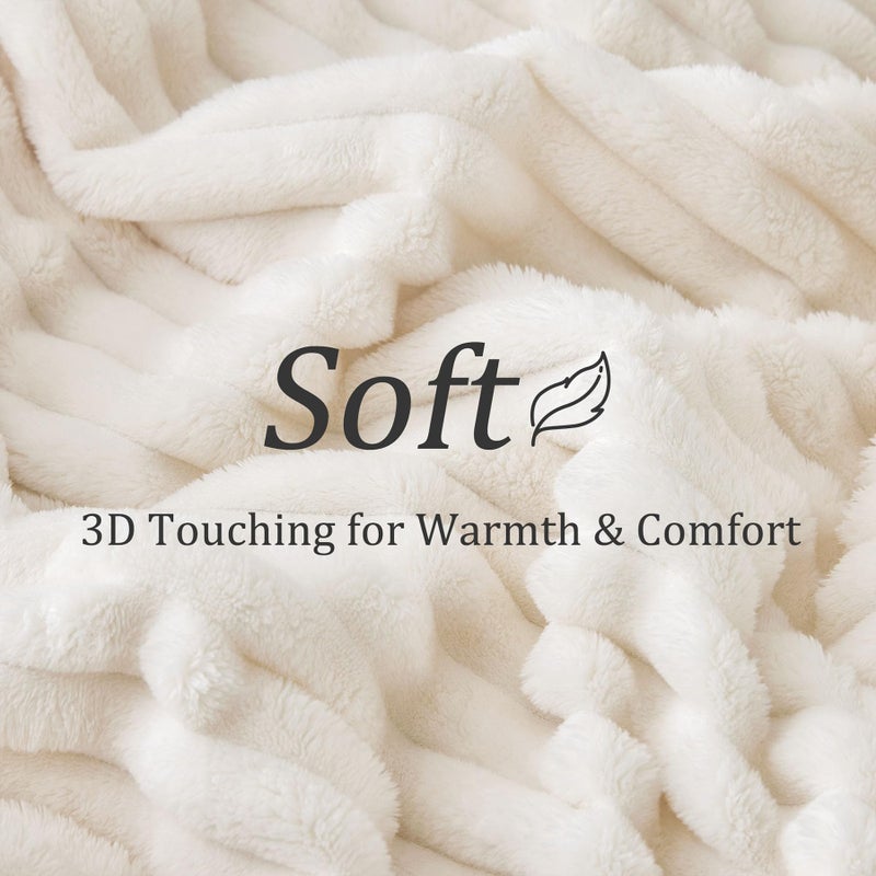 BEDELITE Full Size Throw Blanket for Bed - 300GSM Soft & Warm Fluffy Cream Blanket  Decorative and Giftable Striped Blankets for Women  Men  84""x90"" - Image 4