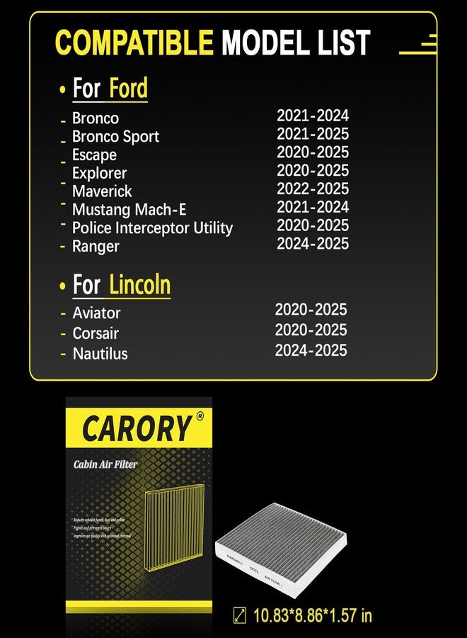 CARORY Cabin Air Filter w/Activated Carbon for Select 2020-2025 Ford, Lincoln Models - Bronco Sport, Escape, Explorer, Maverick, Mustang Mach-E, Police Interceptor Utility, Aviator, Corsair, FP-89 - Image 2