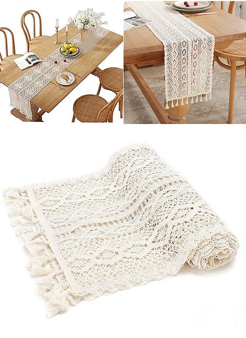 1 PCS Beige Macrame Cotton Boho Table Runner Wedding Table Cover Crochet Table Cloth with Tassels Tablecloth Wallpaper Home Dining Table Decor 24x180cm