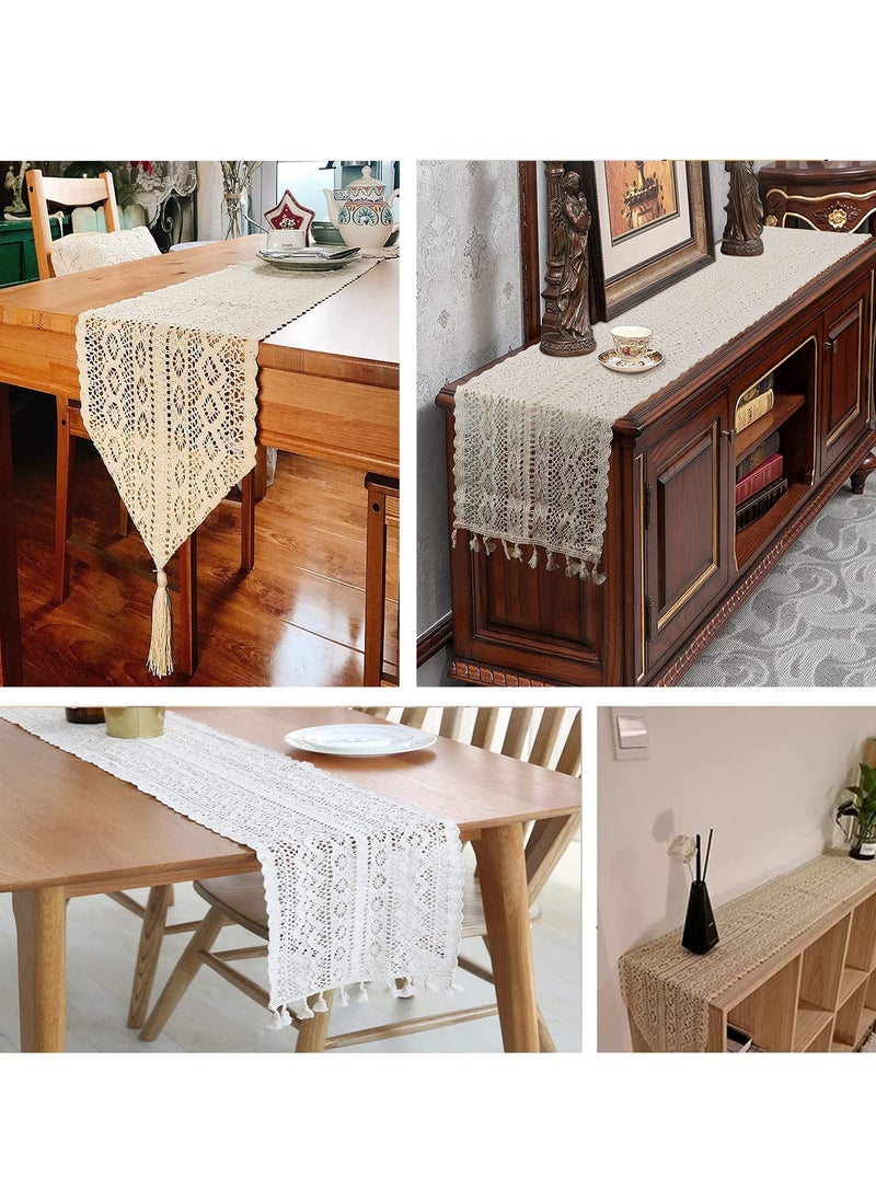 Golden Rose - 1 PCS Beige Macrame Cotton Boho Table Runner Wedding Table Cover Crochet Table Cloth with Tassels Tablecloth Wallpaper Home Dining Table Decor 24x180cm - Image 1