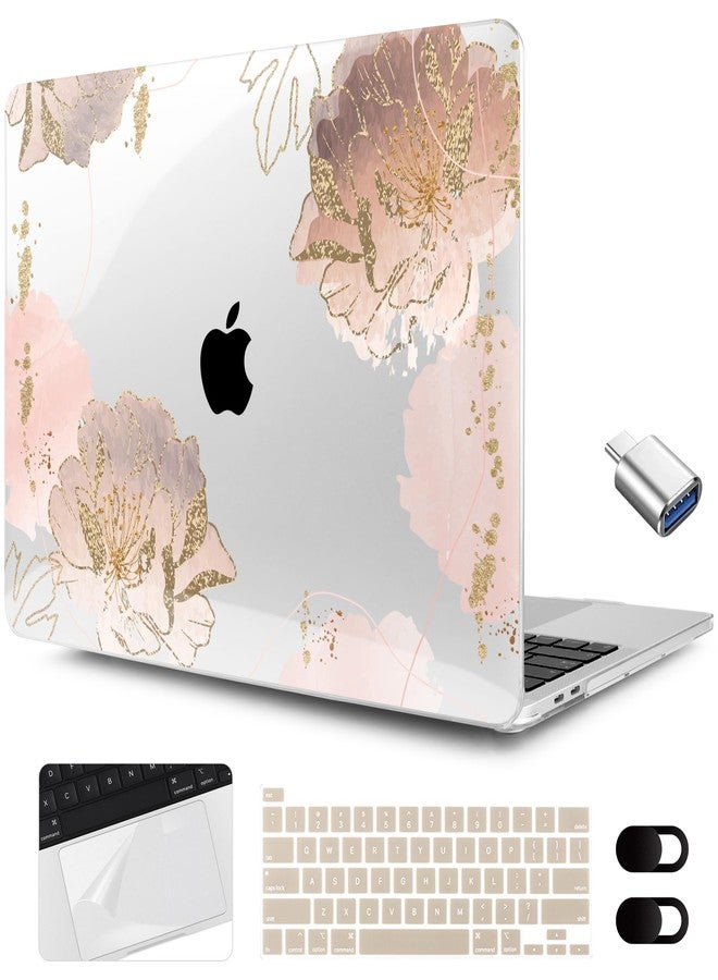 MEEgoodo for MacBook Pro Case 13 inch 2022 2021 2020 A2338 M2/M1 A2251 A2289 with Touch ID, Clear Laptop Hard Shell Case with Keyboard Webcam Cover & Trackpad Film & Type C Adapter, Pink Peony Flowers - Image 1