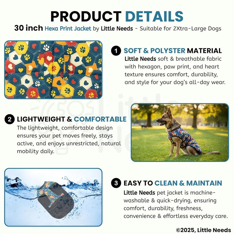 LITTLE NEEDS Dog Winter Jacket - (Hexa Print, 30 Inch) for Xtra Large Size Dogs | Ultra Warm Waterproof & Windproof Coat | Adjustable Velcro Closure, Washable Vest for Cold Weather | Indoor & Outdoor - Image 3